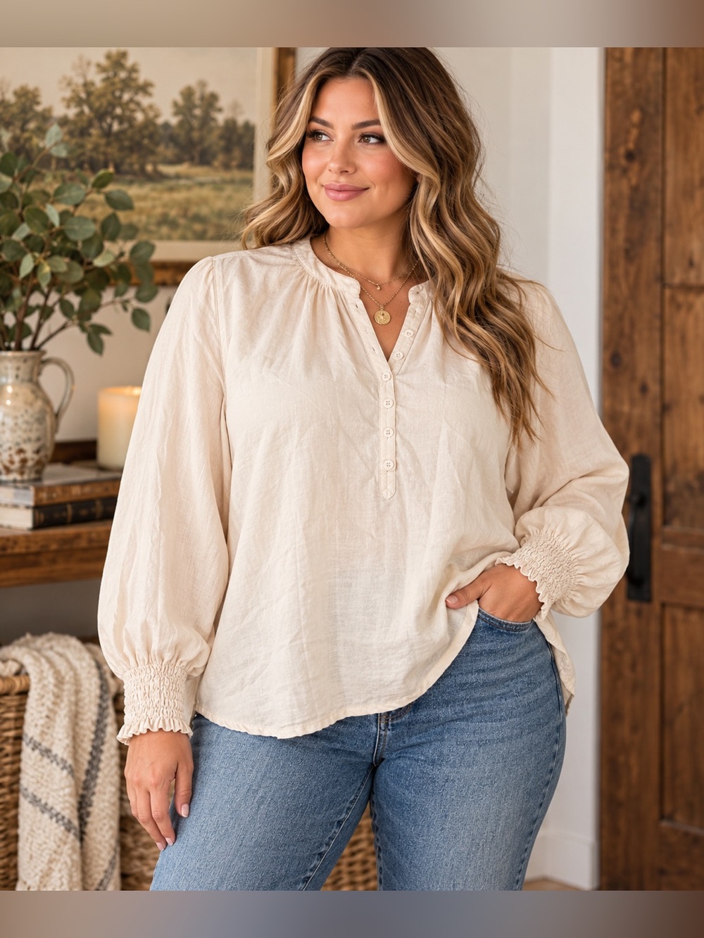 cloth & stone Cream Button-Front Smocked Cuff Blouse